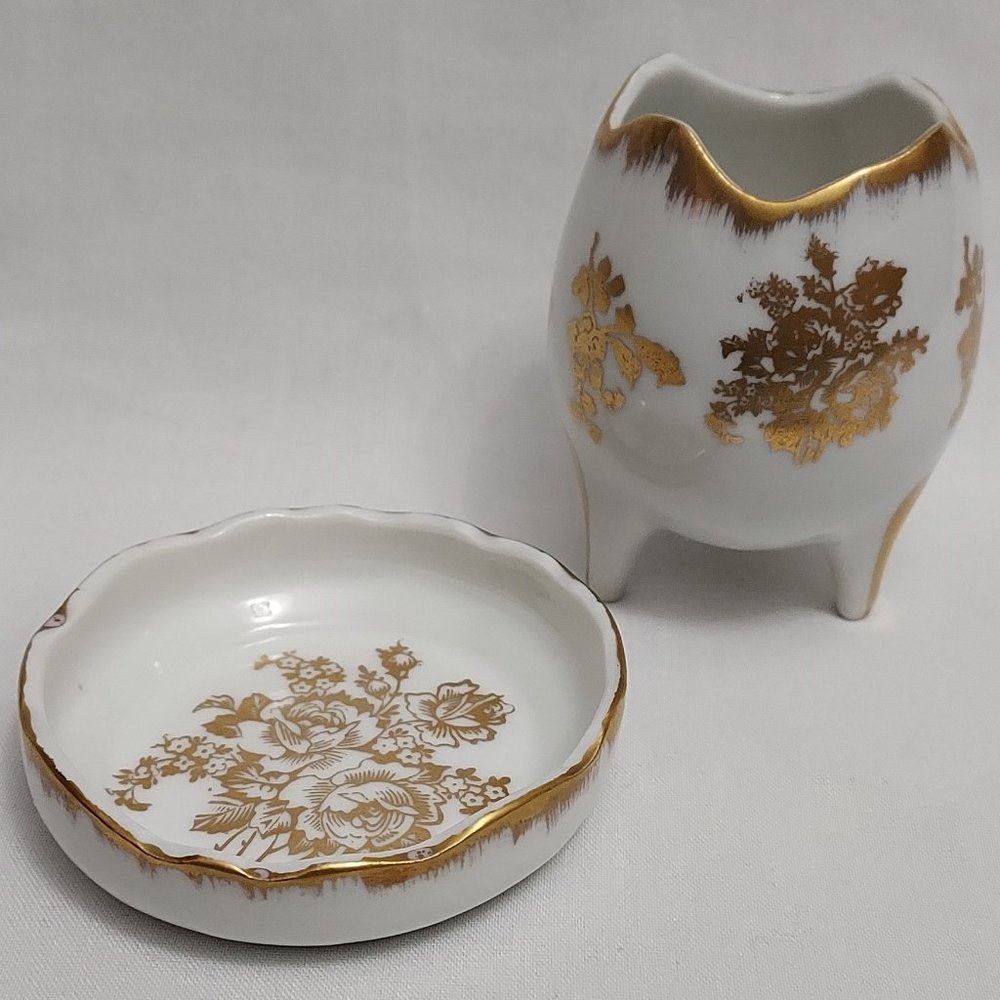 Vintage BB Birks Egg Shaped 3 Footed Cup + Trinket Dish Handpainted in France